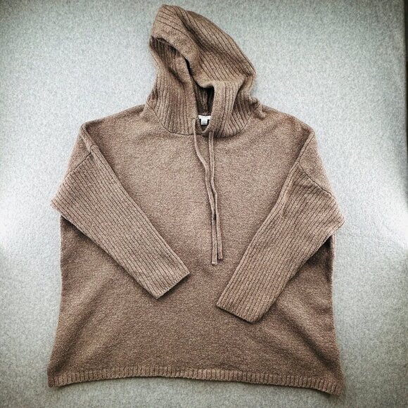Pure Jill Hooded Knit Sweater Size PXL Wool Blend 3/4 Sleeve Brown Pullover - Picture 1 of 11